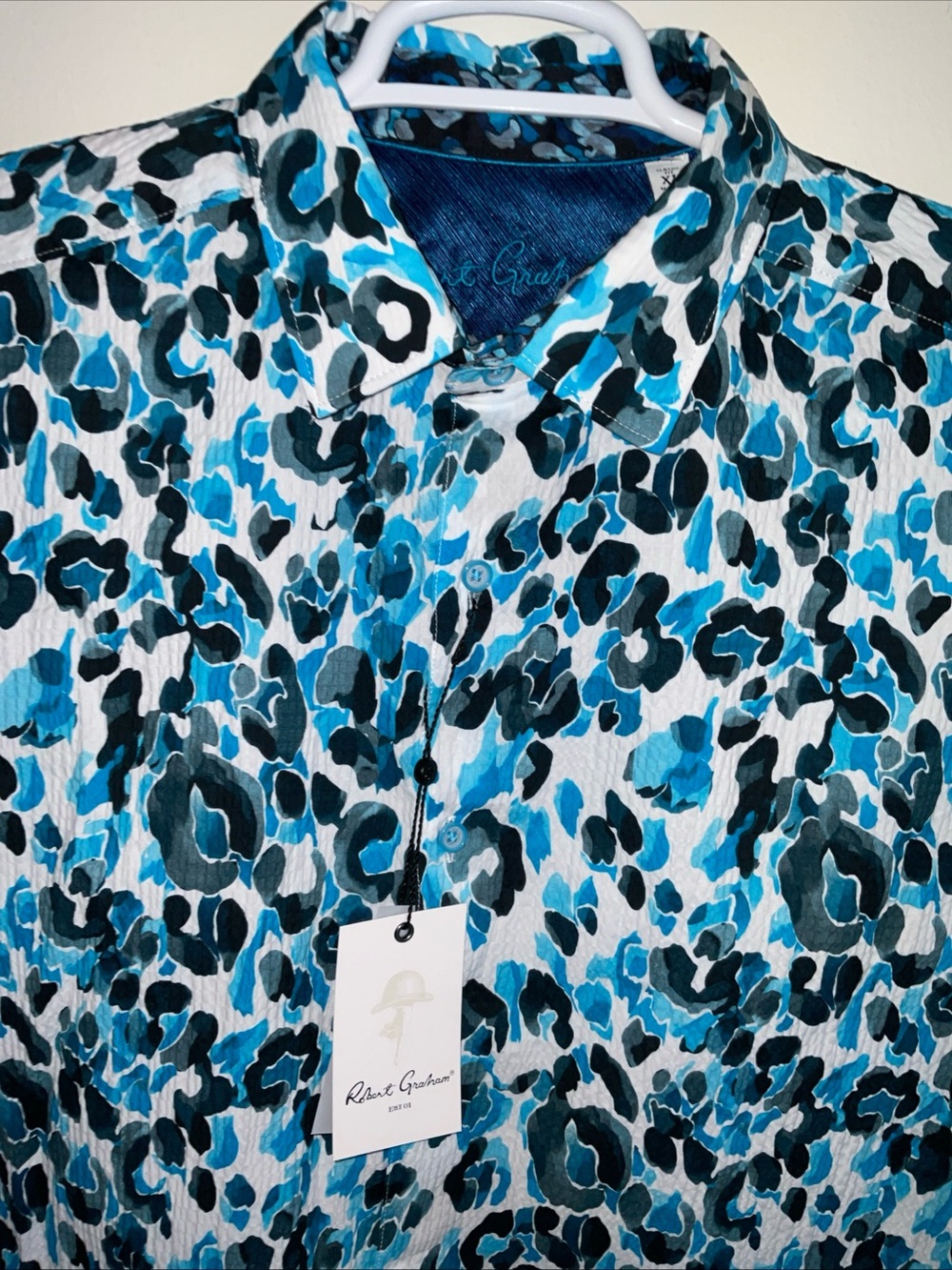 ROBERT GRAHAM PANTANAL SEERSUCKER STRETCH BLUE LEOPARD PRINT XL NWT